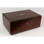 A GOOD 19TH CENTURY ROSEWOOD BOX, with carved and brass inlaid decoration. 21.5ins wide.