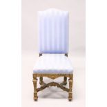 AN ITALIAN STYLE GILT FRAMED HIGH BACK SIDE CHAIR, upholstered in a blue sateen fabric. 3ft 6ins