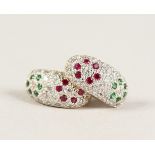 A PAIR OF WHITE GOLD, RUBY, EMERALD AND DIAMOND HOOP STYLE EARRINGS.