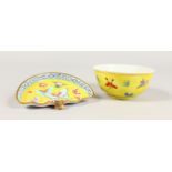 A CLOISONNE YELLOW ENAMEL ASHTRAY AND A CIRCULAR BOWL (2).