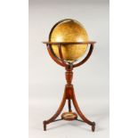 A GOOD CARYS 10-INCH NEW CELESTIAL GLOBE AND STAND, with mahogany stand, a compass in the base.