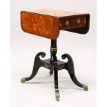 A GOOD REGENCY ROSEWOOD, ORMOLU AND EBONISED PEDESTAL PEMBROKE TABLE, the top with brass line