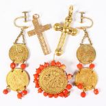 TWO GOLD CROSSES, COIN BROOCH AND DROP EARRINGS.