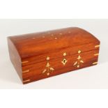 A MAHOGANY DOME TOP JEWELLERY BOX, with brass inlaid decoration. 12ins wide.