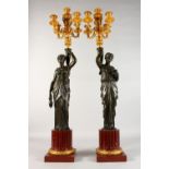 A SUPERB PAIR OF REGENCY BRONZE, ORMOLU AND MARBLE FIVE-LIGHT CANDELABRA, attributed to THOMAS HOPE,