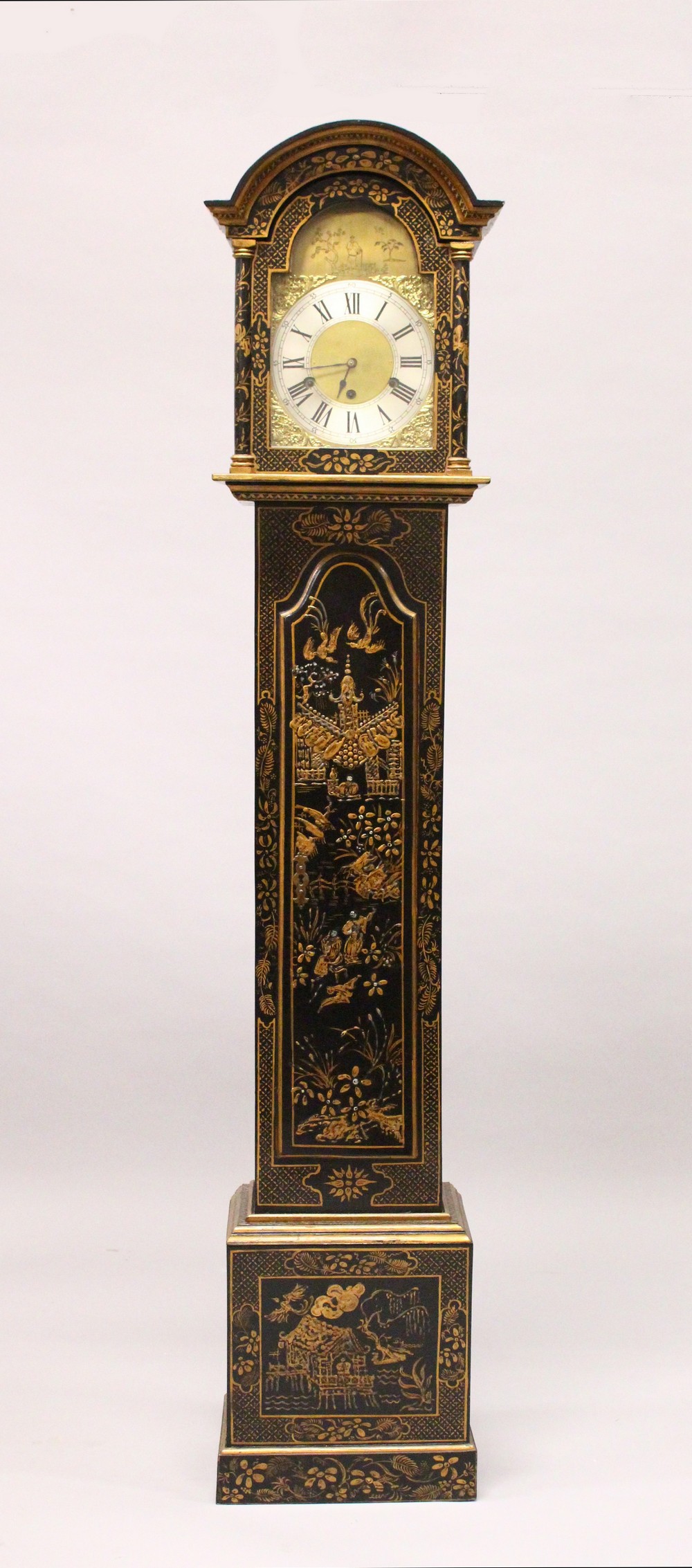 A GOOD BLACK LACQUER LONGCASE CLOCK, with chinoiserie decoration, silvered dial and eight-day