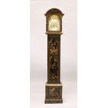 A GOOD BLACK LACQUER LONGCASE CLOCK, with chinoiserie decoration, silvered dial and eight-day