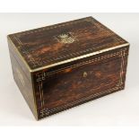 A VERY GOOD VICTORIAN COROMANDEL JEWELLERY BOX, with brass liner, inset Earls coronet, and blue