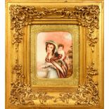 A GILT FRAMED MINIATURE OF A YOUNG LADY, a child on her back. 3.5ins x 3ins.