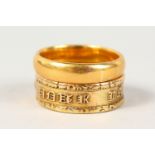 A 22CT GOLD WEDDING BAND, another gold ring with an inscription (2).