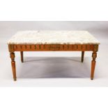 A MARBLE TOP RECTANGULAR COFFEE TABLE, with ormolu mounted base. 2ft 10ins long x 1ft 8ins wide x
