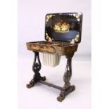 A GOOD REGENCY PAPIER MACHE WORK TABLE, black lacquer ground with gilded chinoiserie decoration, the