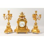 A GOOD 19TH CENTURY FRENCH GARNITURE DE CHEMINEE, the clock by A. CHAPUS, R. de Rivoli 86, urn