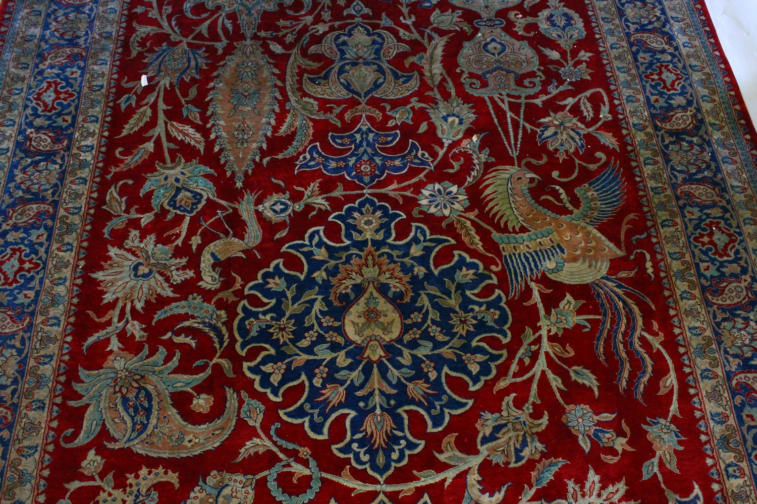 A GOOD PERSIAN PART SILK CARPET, with central motif, phoenix birds and flowers, within a triple - Image 4 of 8