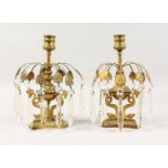 A PAIR OF FRENCH GILT METAL CANDLESTICKS, with dolphin bases and cut glass prism drops. 9ins high.