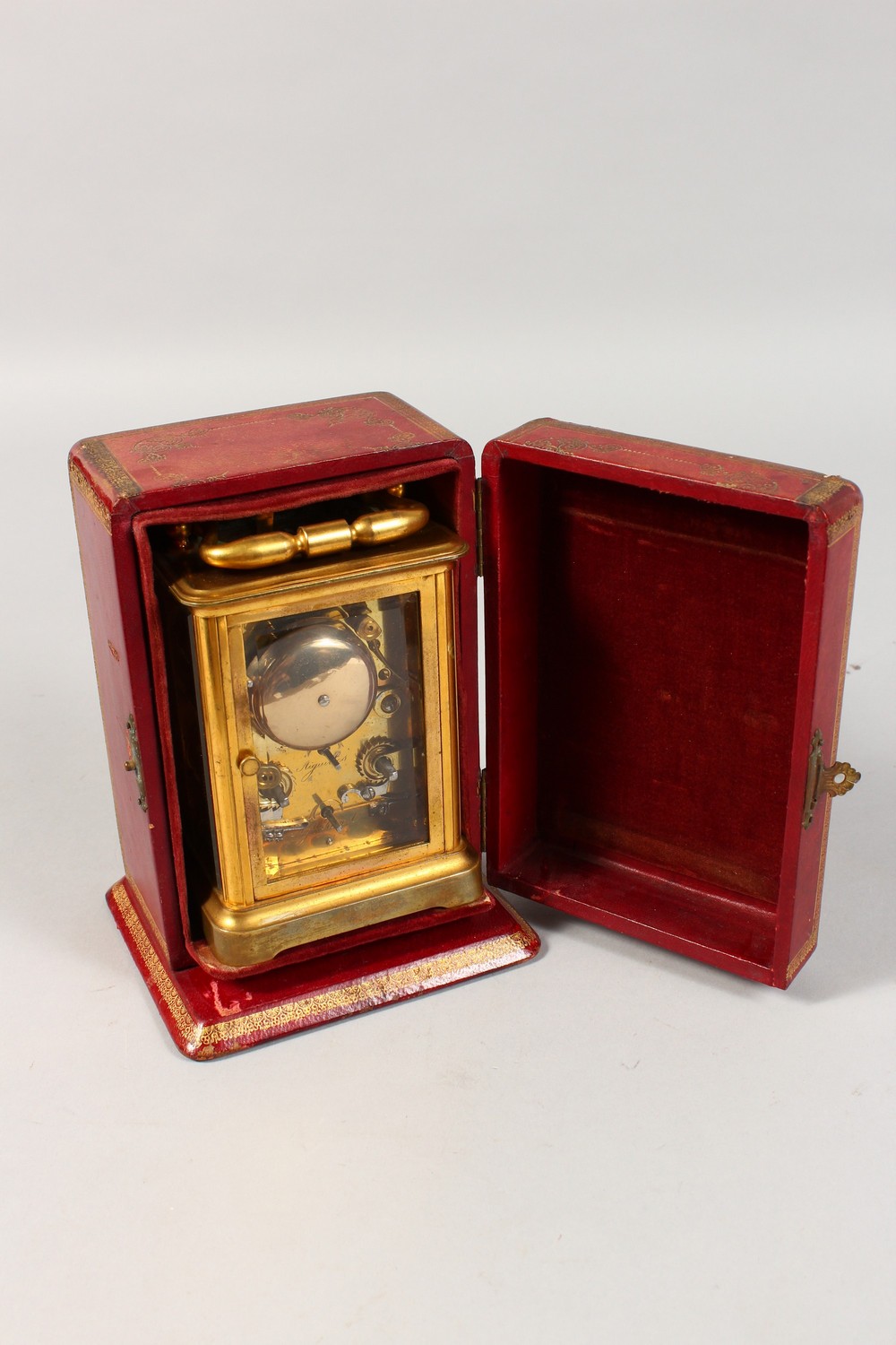 A VERY GOOD FRENCH BRASS CARRIAGE CLOCK by CHAUDE, PARIS. 5ins high, in a red leather case. - Image 4 of 10