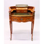 AN UNUSUAL FRENCH KINGWOOD, ORMOLU AND MARBLE BONHEUR DU JOUR, 20TH CENTURY, the galleried upper