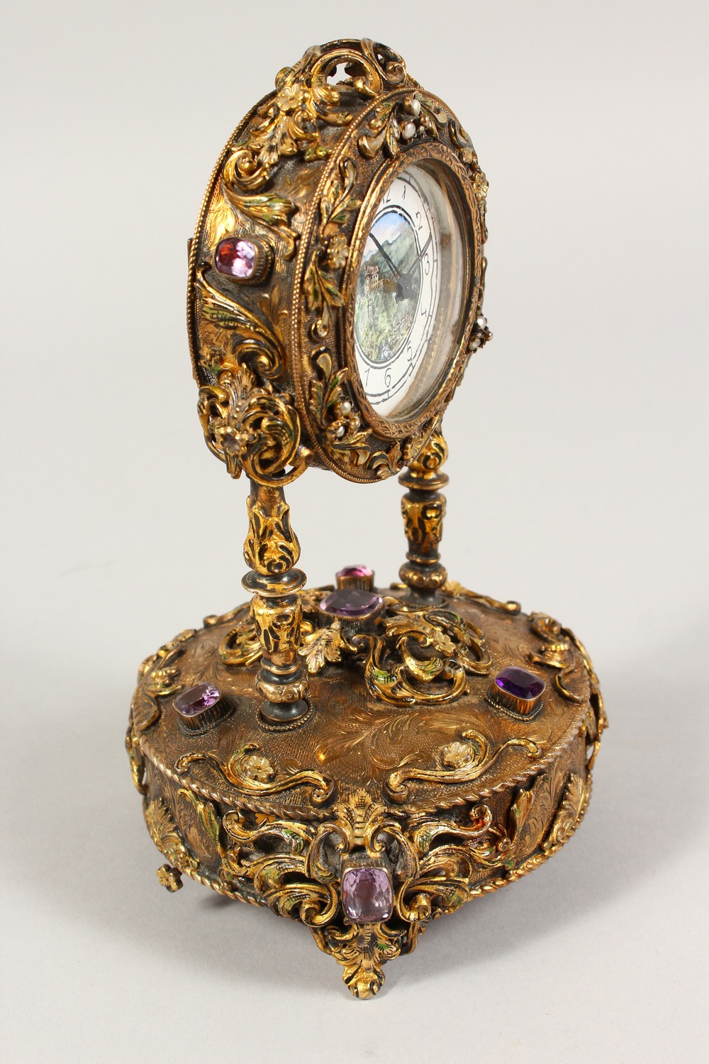 A VERY GOOD RUSSIAN SILVER GILT MUSICAL CLOCK, set with semi-precious stones, the face painted - Image 3 of 6