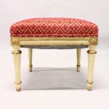 A 19TH CENTURY BEECH FRAMED STOOL, painted and parcel gilded, on turned, fluted legs. 1ft 7ins