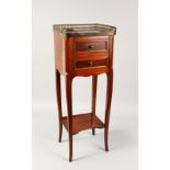 A LATE 19TH CENTURY FRENCH MAHOGANY MARBLE TOP TWO DRAWER PETIT COMMODE, the slender legs united