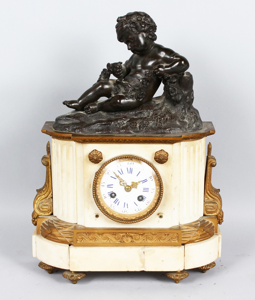 A 19TH CENTURY FRENCH WHITE MARBLE, BRONZE AND ORMOLU CLOCK , with circular dial, blue and white