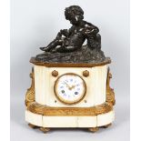 A 19TH CENTURY FRENCH WHITE MARBLE, BRONZE AND ORMOLU CLOCK , with circular dial, blue and white