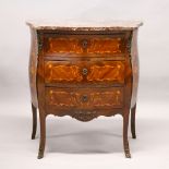 A FRENCH KINGWOOD AND MARQUETRY THREE DRAWER SERPENTINE FRONT COMMODE, with rouge marble top,