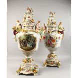 A GOOD PAIR OF MEISSEN DESIGN PORCELAIN VASES, COVERS AND STANDS, with classical figures, cupids and