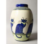 AN ART DECO DESIGN VASE "KERALOUVE", decorated with a band of six blue cats and two key pattern