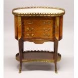 A LOUIS XVI DESIGN KIDNEY SHAPED TABLE, with marble top, three drawers and under-tier. 2ft wide.