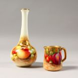 A SMALL ROYAL WORCESTER BOTTLE VASE, painted with fruit, No. 2491, 5ins high, and a small jug