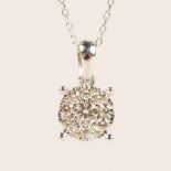 A 9CT GOLD CLUSTER DIAMOND PENDANT AND CHAIN.