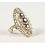 A 9CT GOLD, THREE ROUND SAPPHIRE AND DIAMOND RING.