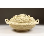 A VERY GOOD BELLEEK OVAL PIERCED BASKET AND COVER, encrusted with shamrocks, thistles and roses.