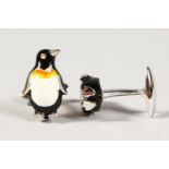 A PAIR OF STERLING SILVER PENGUIN ENAMEL CUFFLINKS.