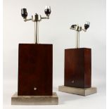 A PAIR OF WOOD AND METAL LAMPS. 22ins high.