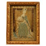 A 19TH CENTURY SILK EMBROIDERED PICTURE, of a full length female figure holding a bowl. Frame: 18ins