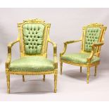 A GOOD LARGE PAIR OF GILTWOOD ARMCHAIRS.