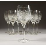 A SET OF EIGHT EDINBURGH CRYSTAL LARGE WINE GLASSES.