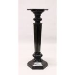 A 19TH CENTURY EBONISED AND BRASS INLAID HEXAGONAL SHAPED TORCHERE. 3ft 3ins high x 1ft 0ins