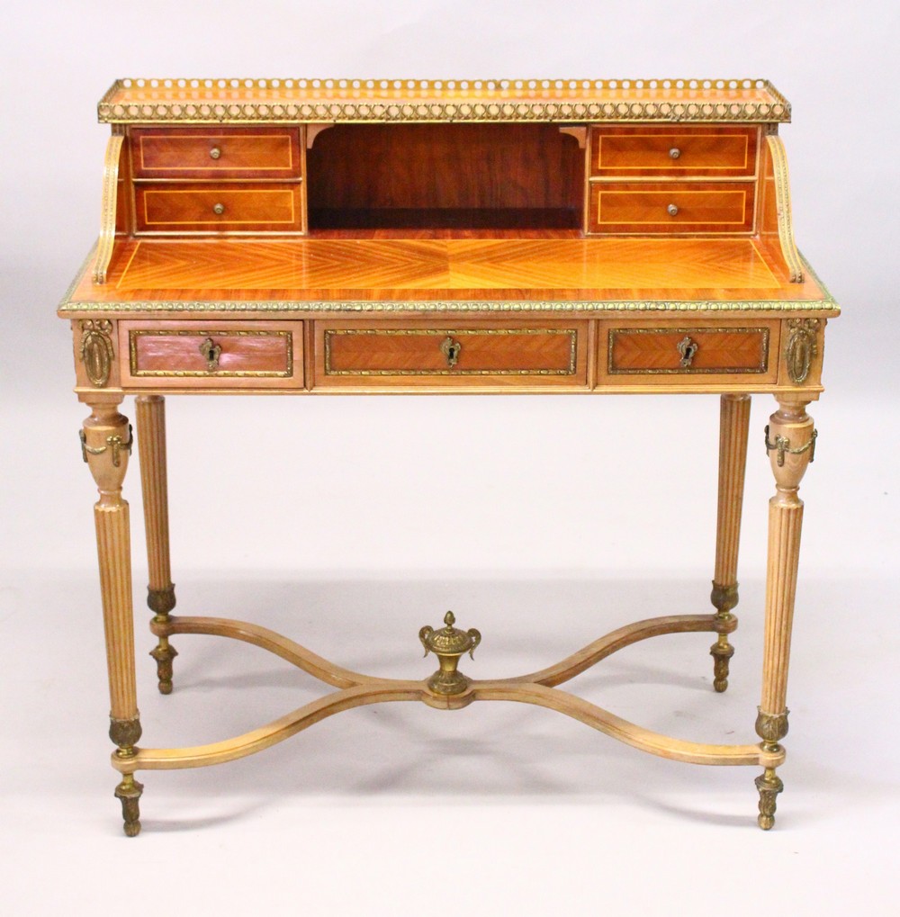 A FRENCH MAHOGANY, KINGWOOD AND ORMOLU BONHEUR DU JOUR, 20TH CENTURY, with galleried upper section