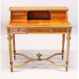 A FRENCH MAHOGANY, KINGWOOD AND ORMOLU BONHEUR DU JOUR, 20TH CENTURY, with galleried upper section
