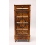 A 19TH CENTURY FRENCH WALNUT AND MARBLE BEDSIDE COMMODE, with a single frieze drawer, above a door