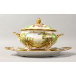 A LIMOGES OVAL TWO-HANDLED TUREEN, COVER AND STAND. 10ins long.