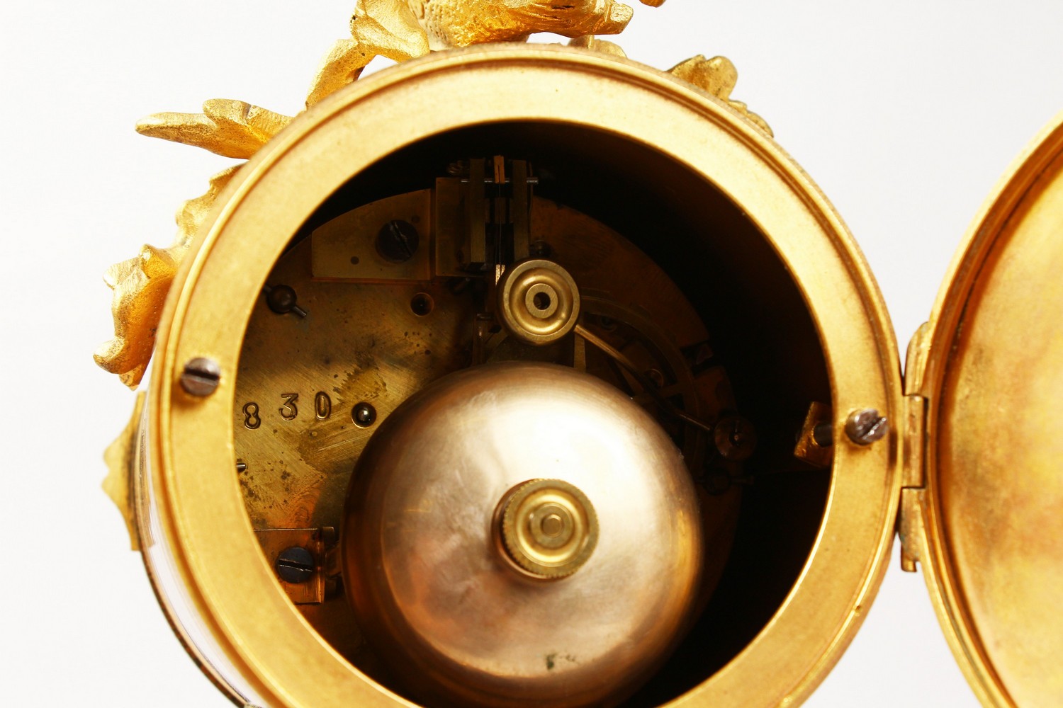 A 19TH CENTURY FRENCH ORMOLU CLOCK, with bird finial, eight-day movement, No. 830, striking on a - Image 6 of 7