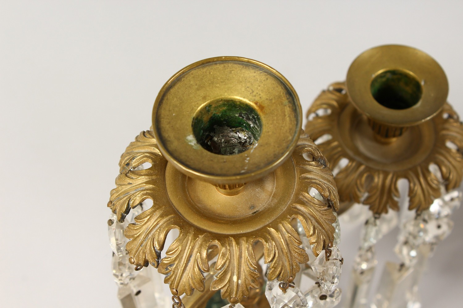 A GOOD PAIR OF 19TH CENTURY THREE-LIGHT CANDLESTICKS, all with prism drops, supported on square - Image 3 of 4