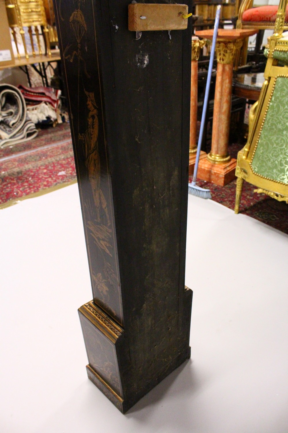 A GOOD BLACK LACQUER LONGCASE CLOCK, with chinoiserie decoration, silvered dial and eight-day - Image 5 of 6