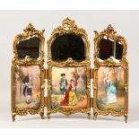 A SUPERB FRENCH ROCOCO STYLE ORMOLU AND ENAMEL MINIATURE FOLDING DRESSING SCREEN, with mirrored