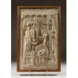 N. CARRA (FRENCH), a modernist carved wood and painted sculptural panel, framed. 16.5ins high x