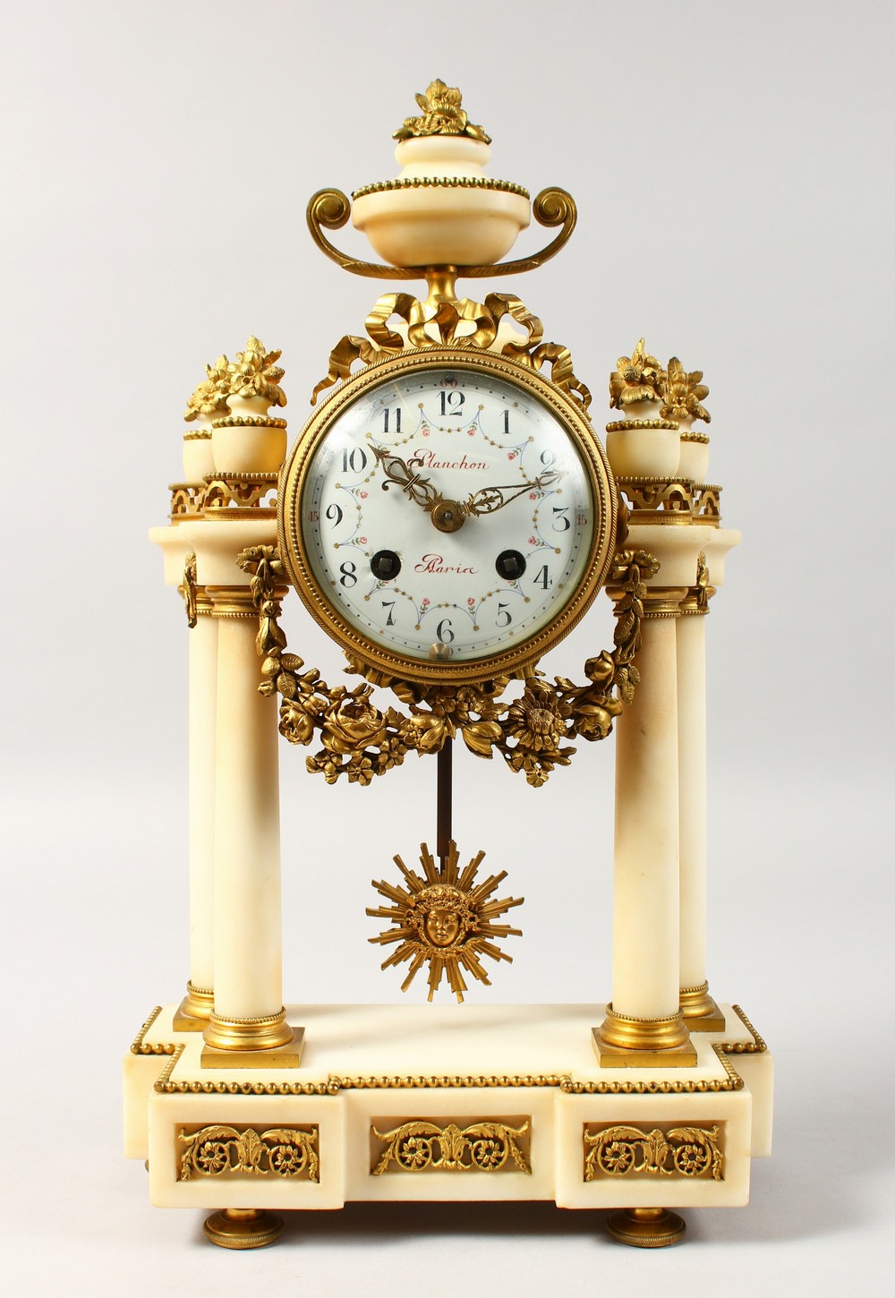 A 19TH CENTURY FRENCH WHITE MARBLE AND ORMOLU CLOCK by PLANCHEON A. PARIS, with eight-day